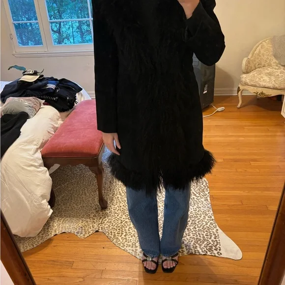 Vintage Black suede Mongolian fur trim penny lane coat - Picture 2 of 3
